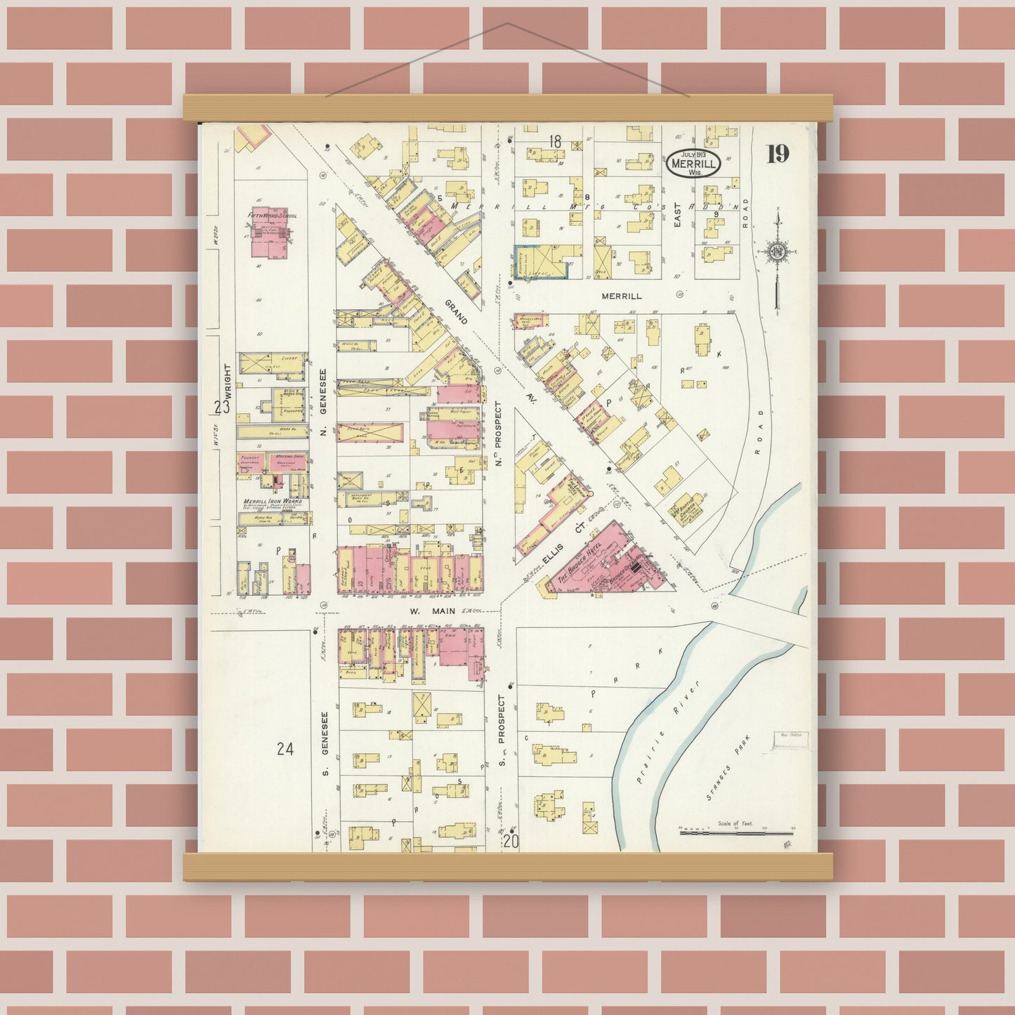 Old map wall art mockup — magnetic wood frame on brick wall — Sanborn Fire Insurance Map from Merrill, Lincoln County, Wisconsin (1913), Sheet #0019