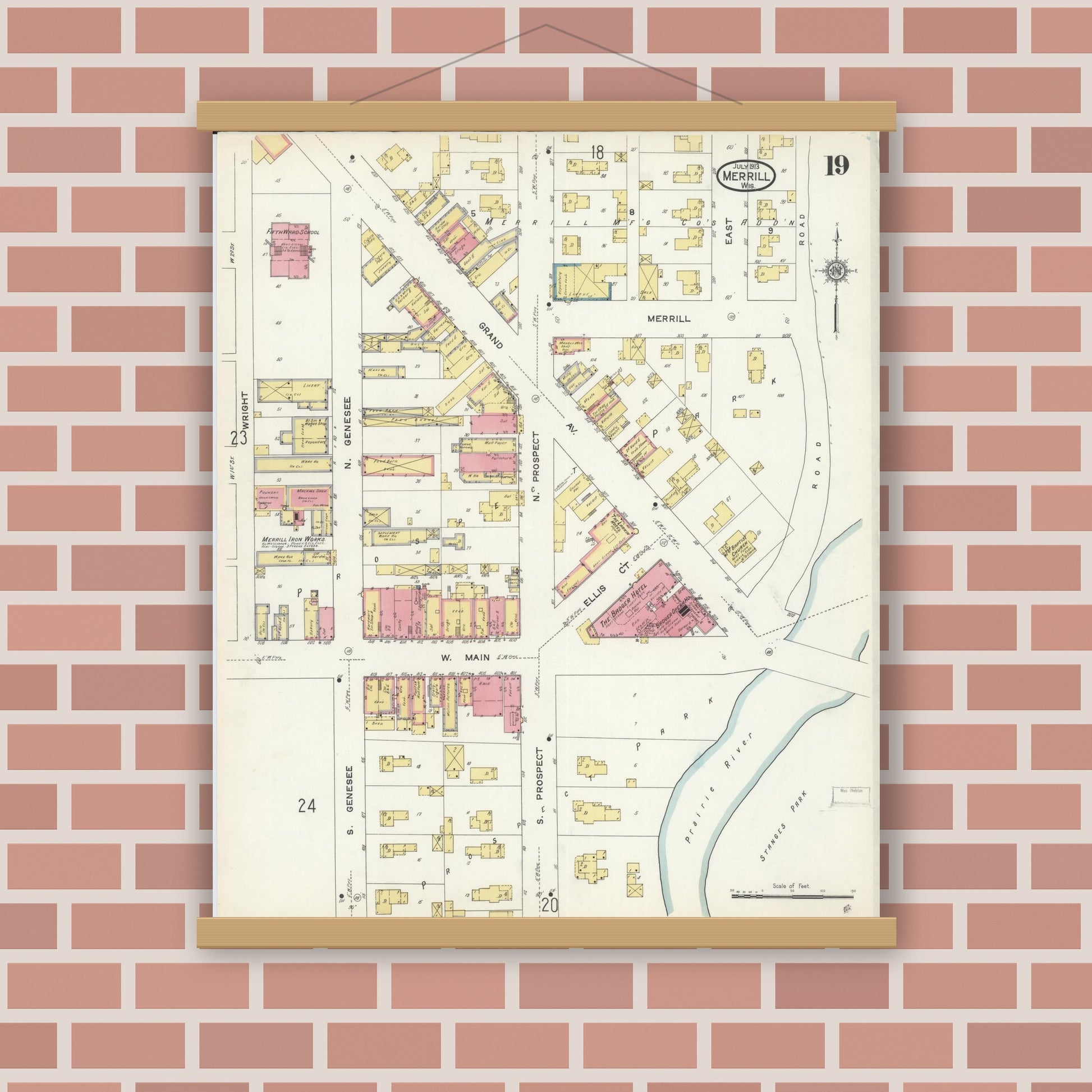 Old map wall art mockup — magnetic wood frame on brick wall — Sanborn Fire Insurance Map from Merrill, Lincoln County, Wisconsin (1913), Sheet #0019