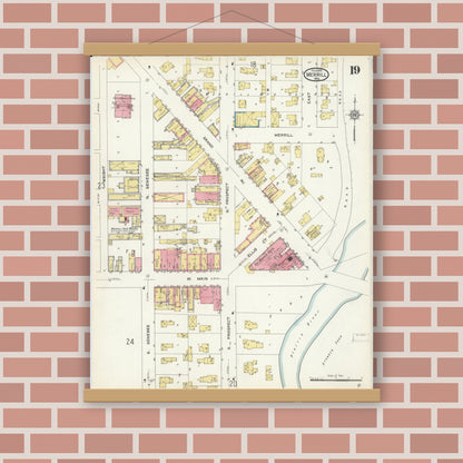 Old map wall art mockup — magnetic wood frame on brick wall — Sanborn Fire Insurance Map from Merrill, Lincoln County, Wisconsin (1913), Sheet #0019