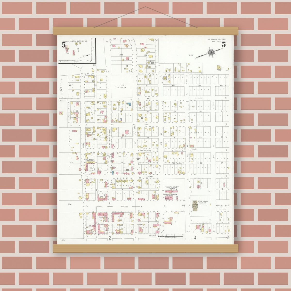 Old map wall art mockup — magnetic wood frame on brick wall — Sanborn Fire Insurance Map from Rio Grande City, Starr County, Texas (1940), Sheet #0005