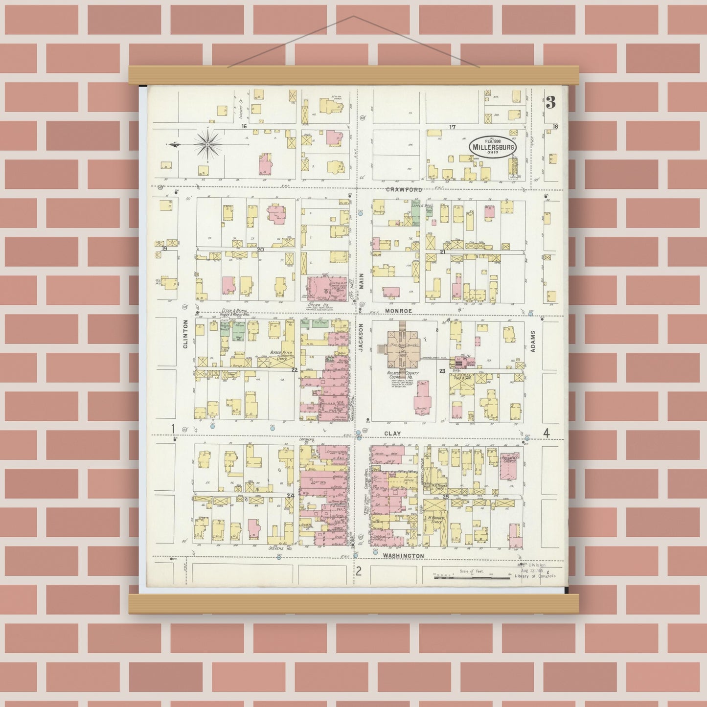Old map wall art mockup — magnetic wood frame on brick wall — Sanborn Fire Insurance Map from Millersburg, Holmes County, Ohio (1898), Sheet #0003