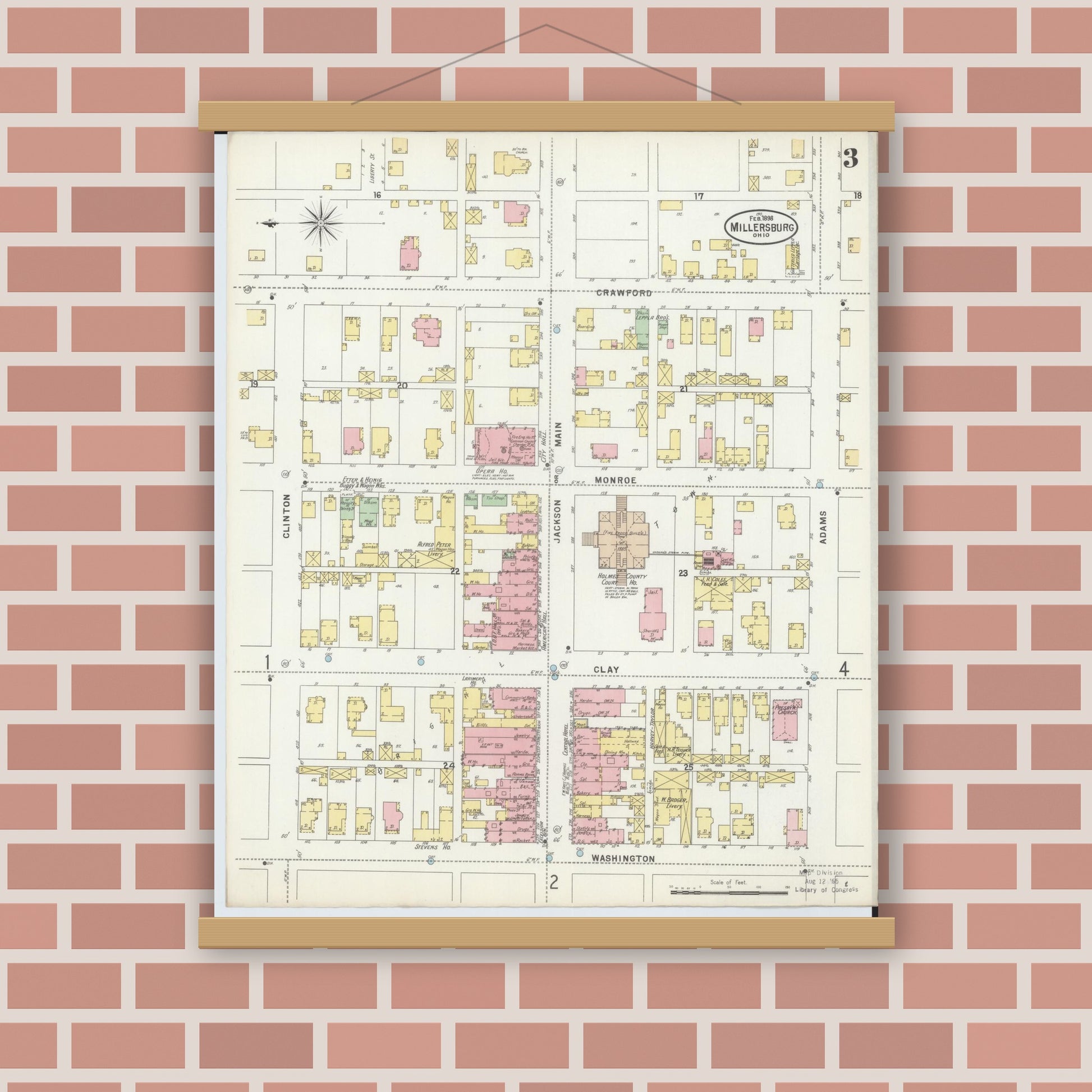 Old map wall art mockup — magnetic wood frame on brick wall — Sanborn Fire Insurance Map from Millersburg, Holmes County, Ohio (1898), Sheet #0003