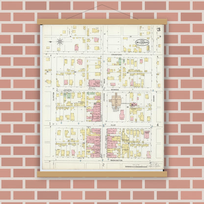 Old map wall art mockup — magnetic wood frame on brick wall — Sanborn Fire Insurance Map from Millersburg, Holmes County, Ohio (1898), Sheet #0003