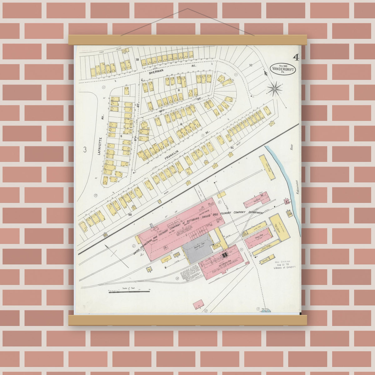 Old map wall art mockup — magnetic wood frame on brick wall — Sanborn Fire Insurance Map from Vandergrift, Westmoreland County, Pennsylvania (1903), Sheet #0004