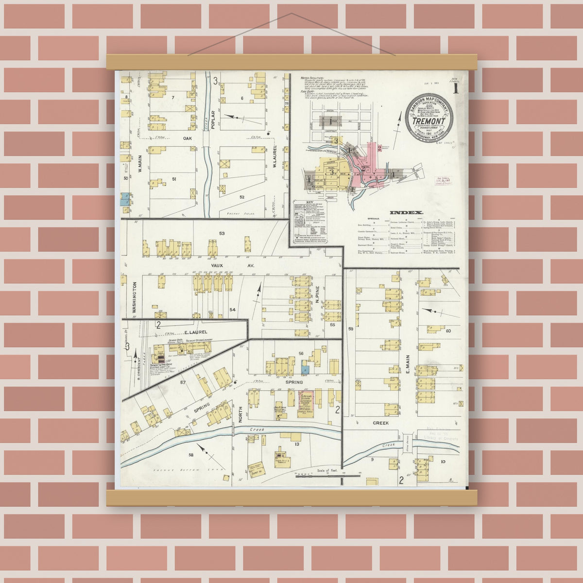 Old map wall art mockup — magnetic wood frame on brick wall — Sanborn Fire Insurance Map from Tremont, Schuylkill County, Pennsylvania (1911), Sheet #0001
