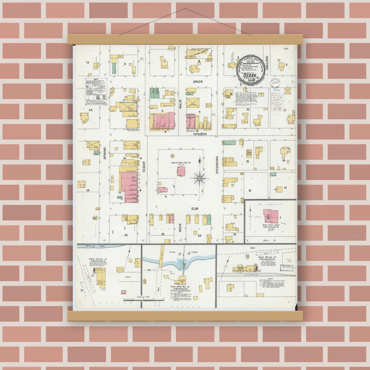 Old map wall art mockup — magnetic wood frame on brick wall — Sanborn Fire Insurance Map from Ozark, Christian County, Missouri (1900), Sheet #0001