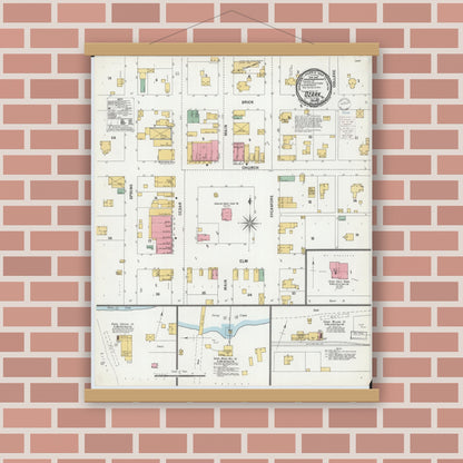 Old map wall art mockup — magnetic wood frame on brick wall — Sanborn Fire Insurance Map from Ozark, Christian County, Missouri (1900), Sheet #0001