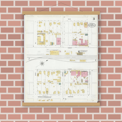 Old map wall art mockup — magnetic wood frame on brick wall — Sanborn Fire Insurance Map from Bushnell, Mcdonough County, Illinois (1906), Sheet #0003