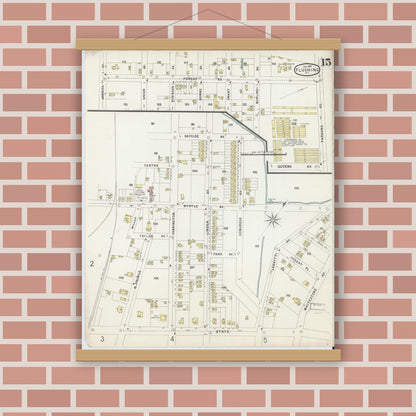 Old map wall art mockup — magnetic wood frame on brick wall — Sanborn Fire Insurance Map from Flushing, Queens County, New York (1897), Sheet #0015