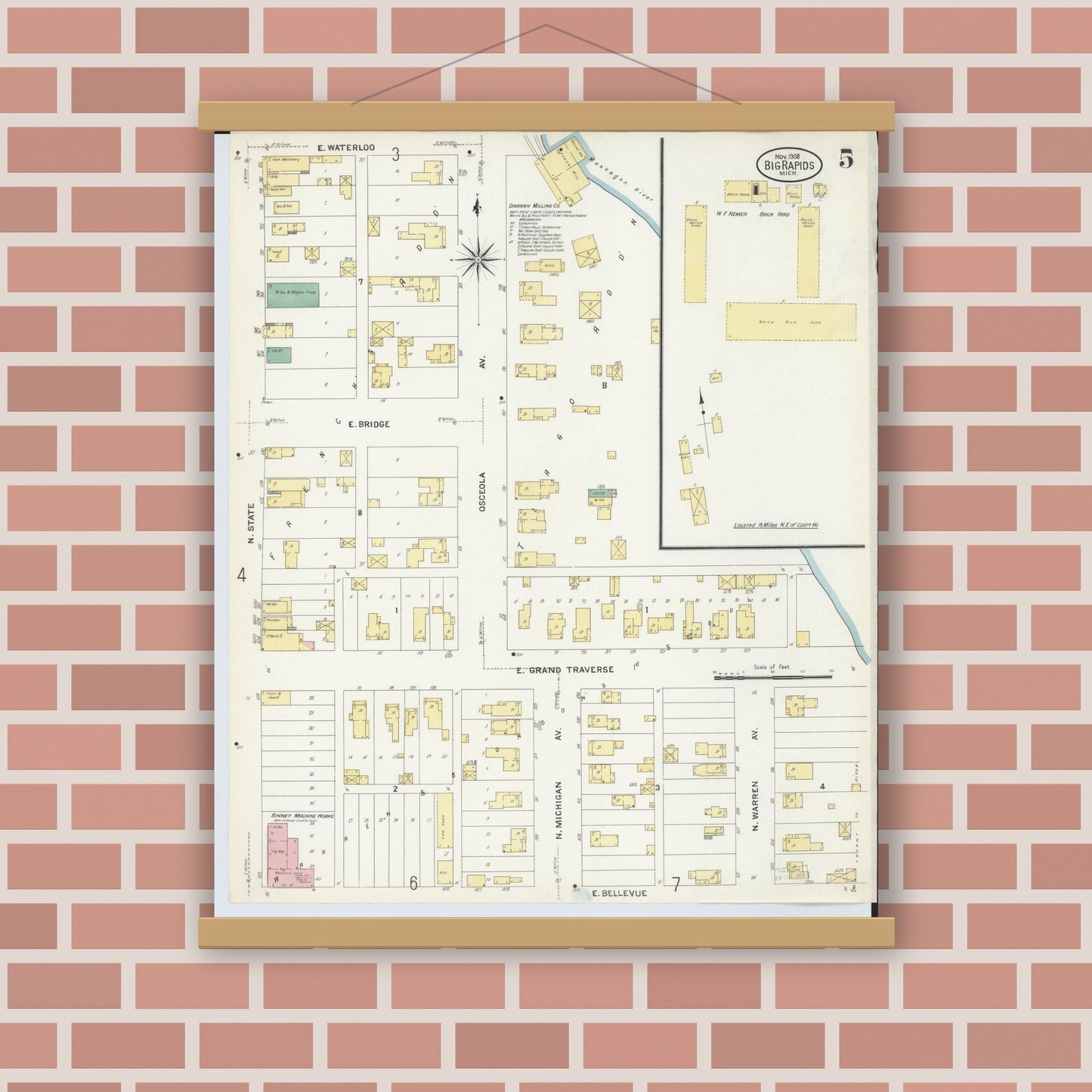 Old map wall art mockup — magnetic wood frame on brick wall — Sanborn Fire Insurance Map from Big Rapids, Mecosta County, Michigan (1908), Sheet #0005