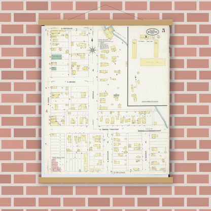 Old map wall art mockup — magnetic wood frame on brick wall — Sanborn Fire Insurance Map from Big Rapids, Mecosta County, Michigan (1908), Sheet #0005