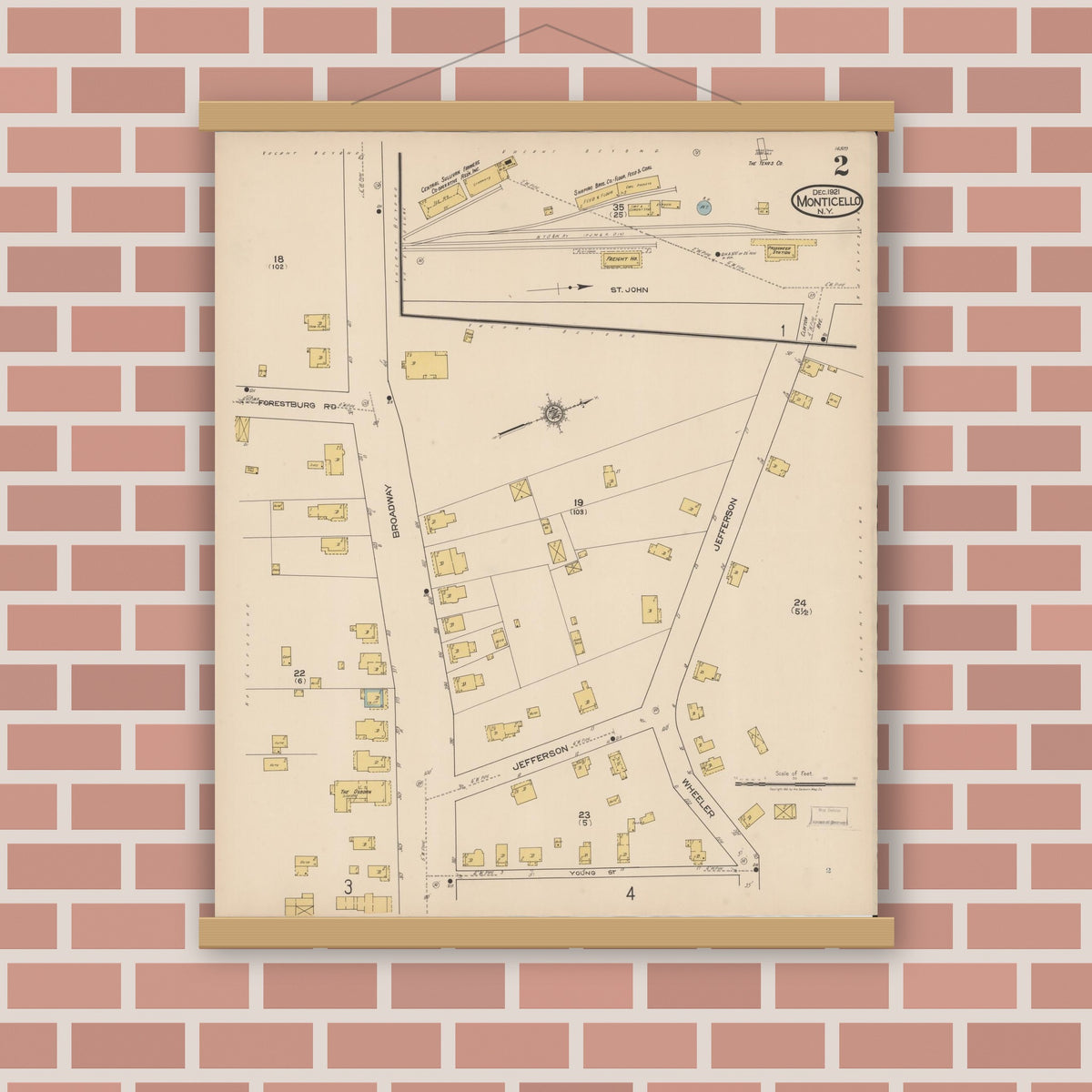 Old map wall art mockup — magnetic wood frame on brick wall — Sanborn Fire Insurance Map from Monticello, Sullivan County, New York (1921), Sheet #0002