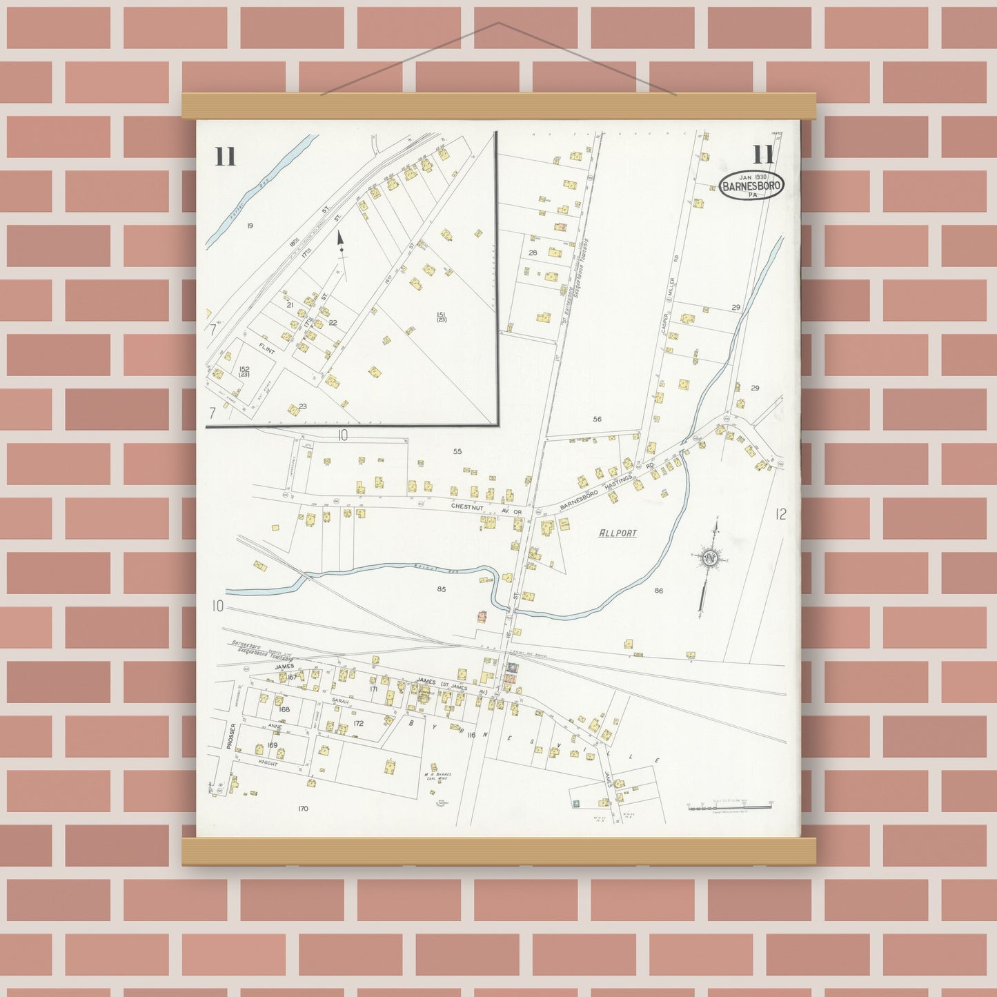 Old map wall art mockup — magnetic wood frame on brick wall — Sanborn Fire Insurance Map from Barnesboro, Cambria County, Pennsylvania (1930), Sheet #0011