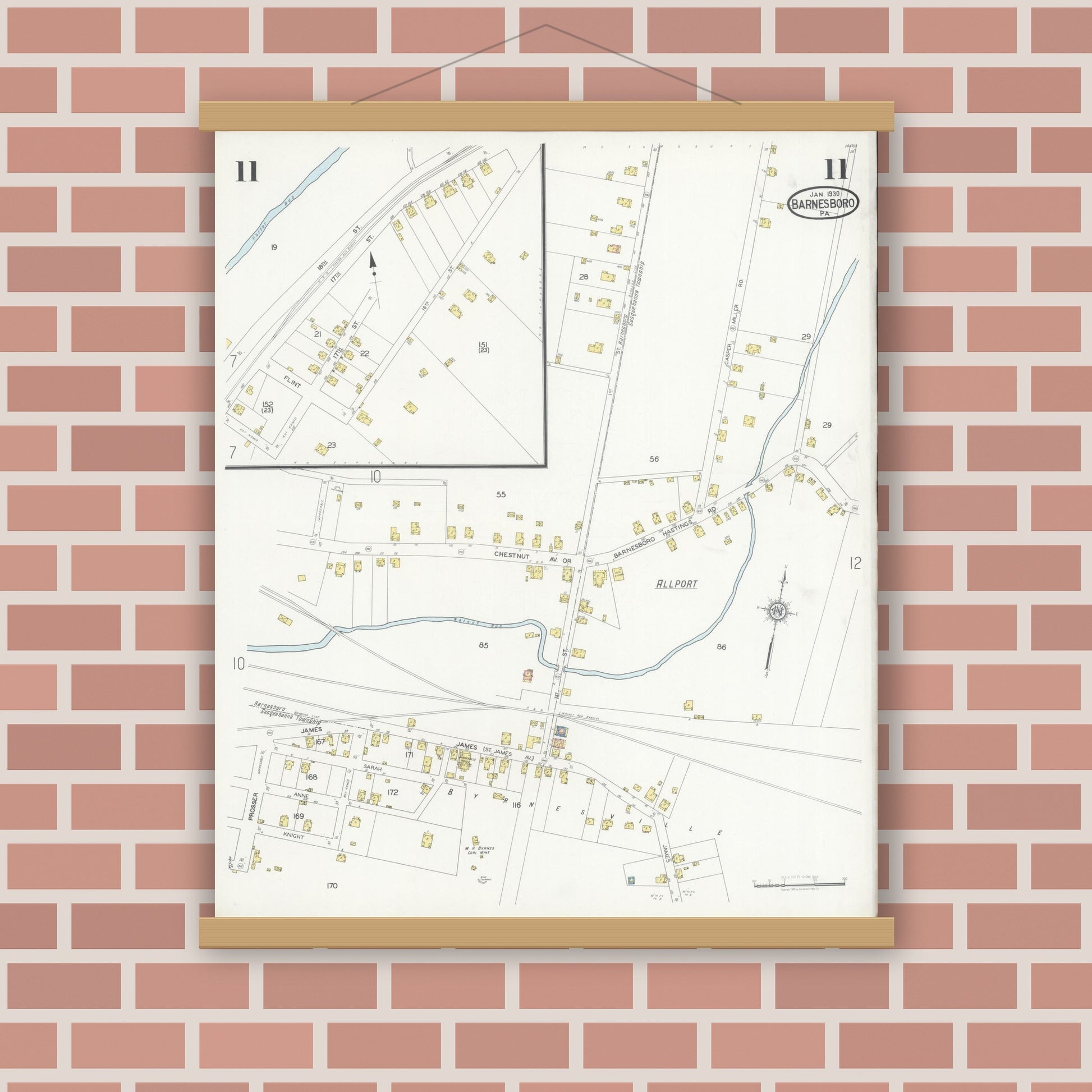 Old map wall art mockup — magnetic wood frame on brick wall — Sanborn Fire Insurance Map from Barnesboro, Cambria County, Pennsylvania (1930), Sheet #0011