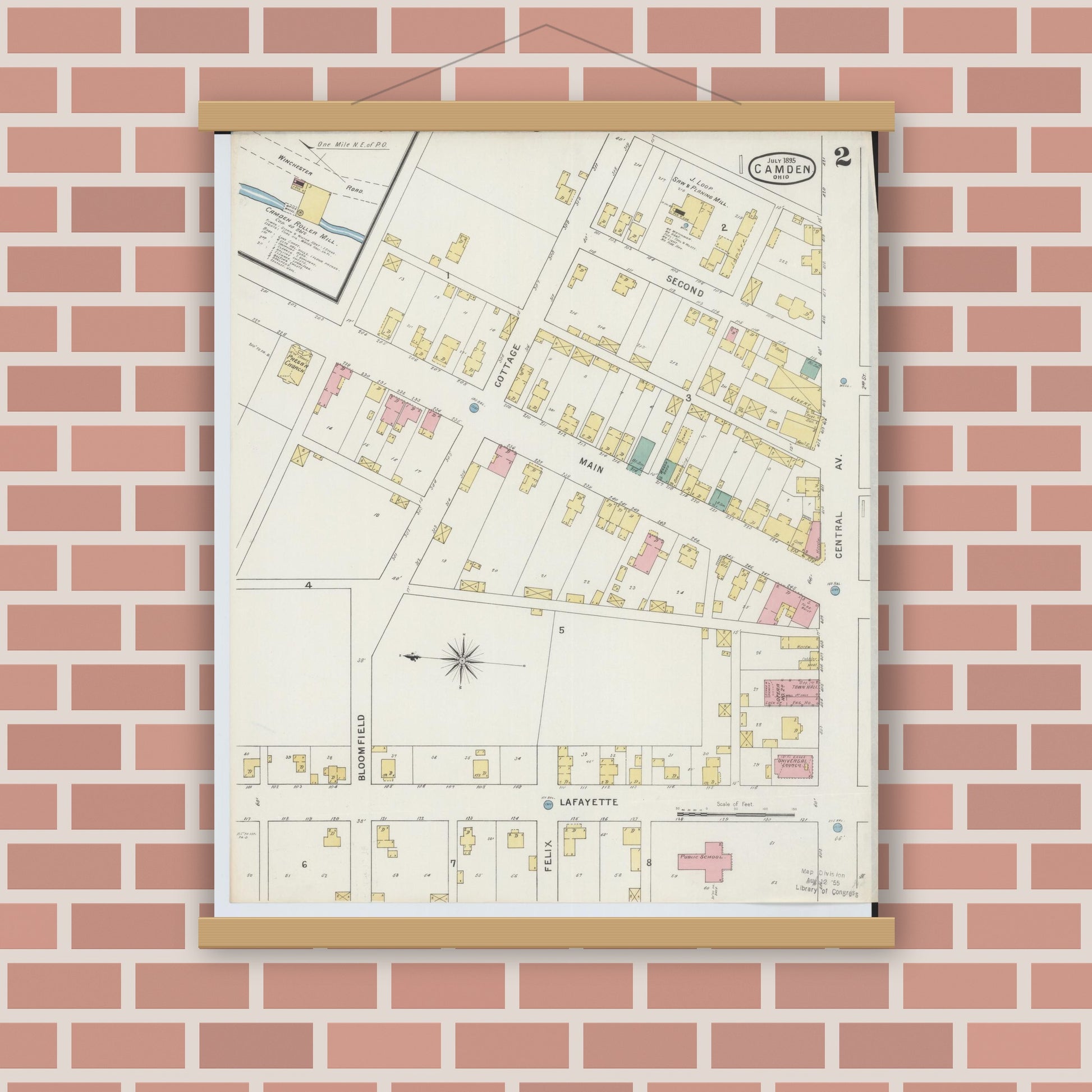 Old map wall art mockup — magnetic wood frame on brick wall — Sanborn Fire Insurance Map from Camden, Preble County, Ohio (1895), Sheet #0002