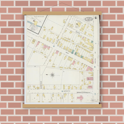 Old map wall art mockup — magnetic wood frame on brick wall — Sanborn Fire Insurance Map from Camden, Preble County, Ohio (1895), Sheet #0002