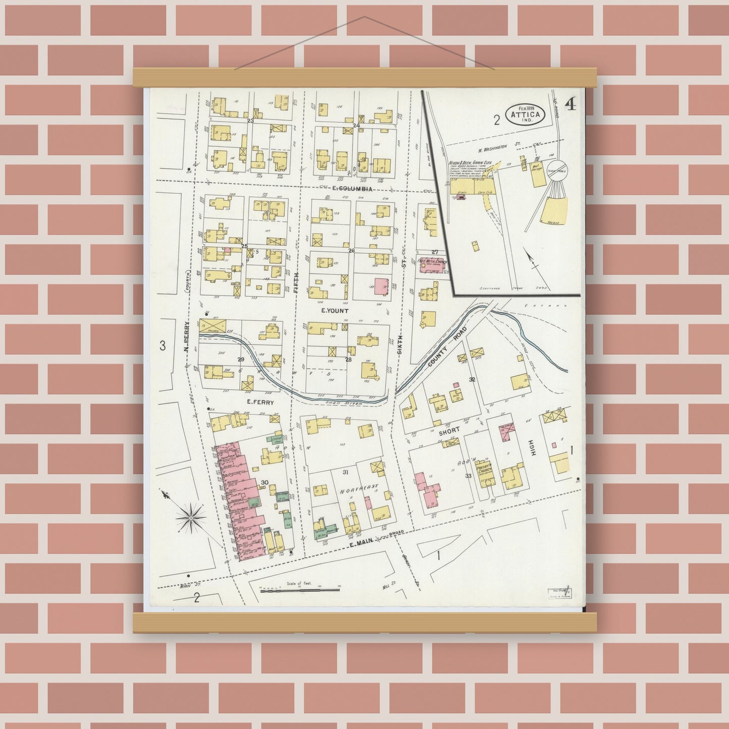 Old map wall art mockup — magnetic wood frame on brick wall — Sanborn Fire Insurance Map from Attica, Fountain County, Indiana (1899), Sheet #0004
