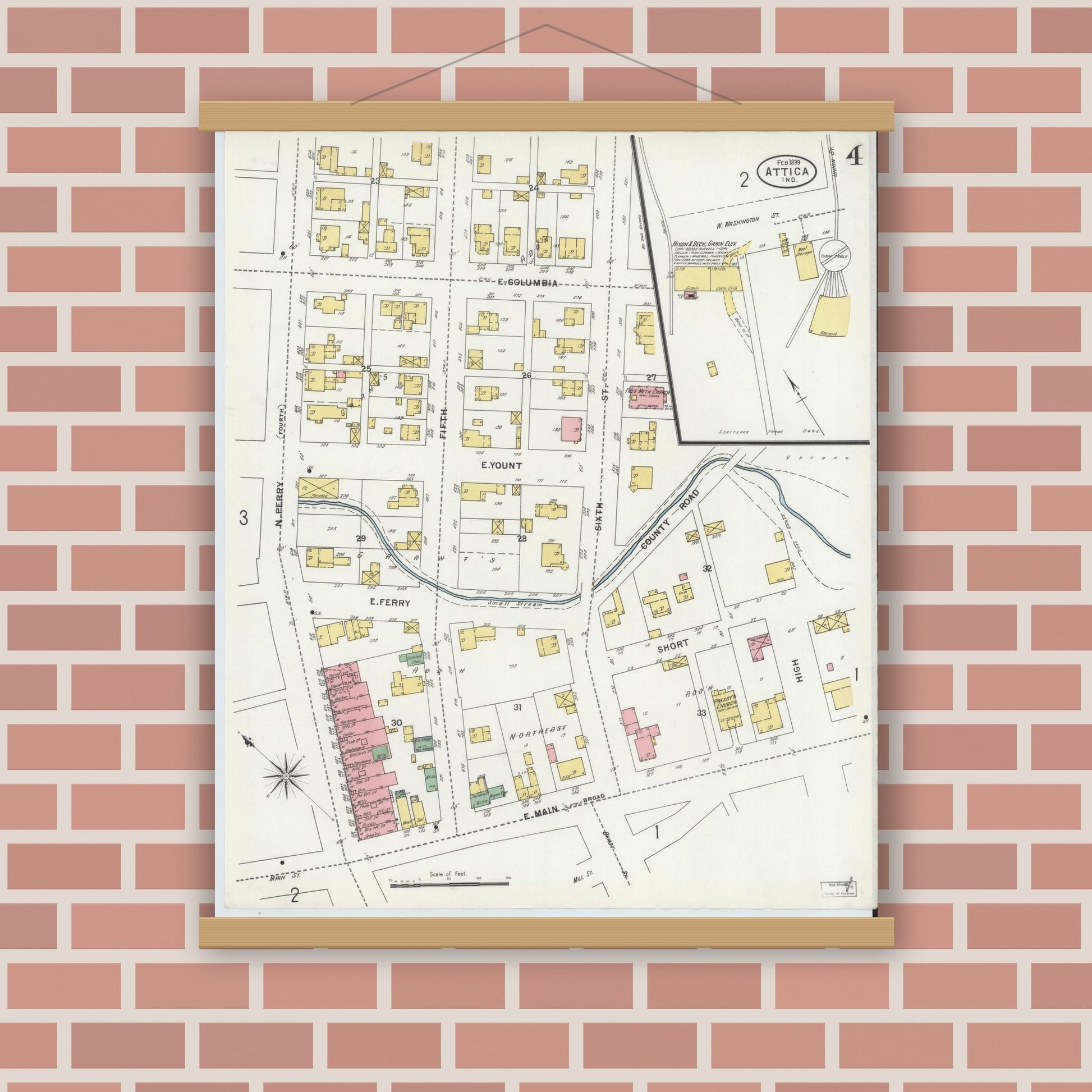 Old map wall art mockup — magnetic wood frame on brick wall — Sanborn Fire Insurance Map from Attica, Fountain County, Indiana (1899), Sheet #0004