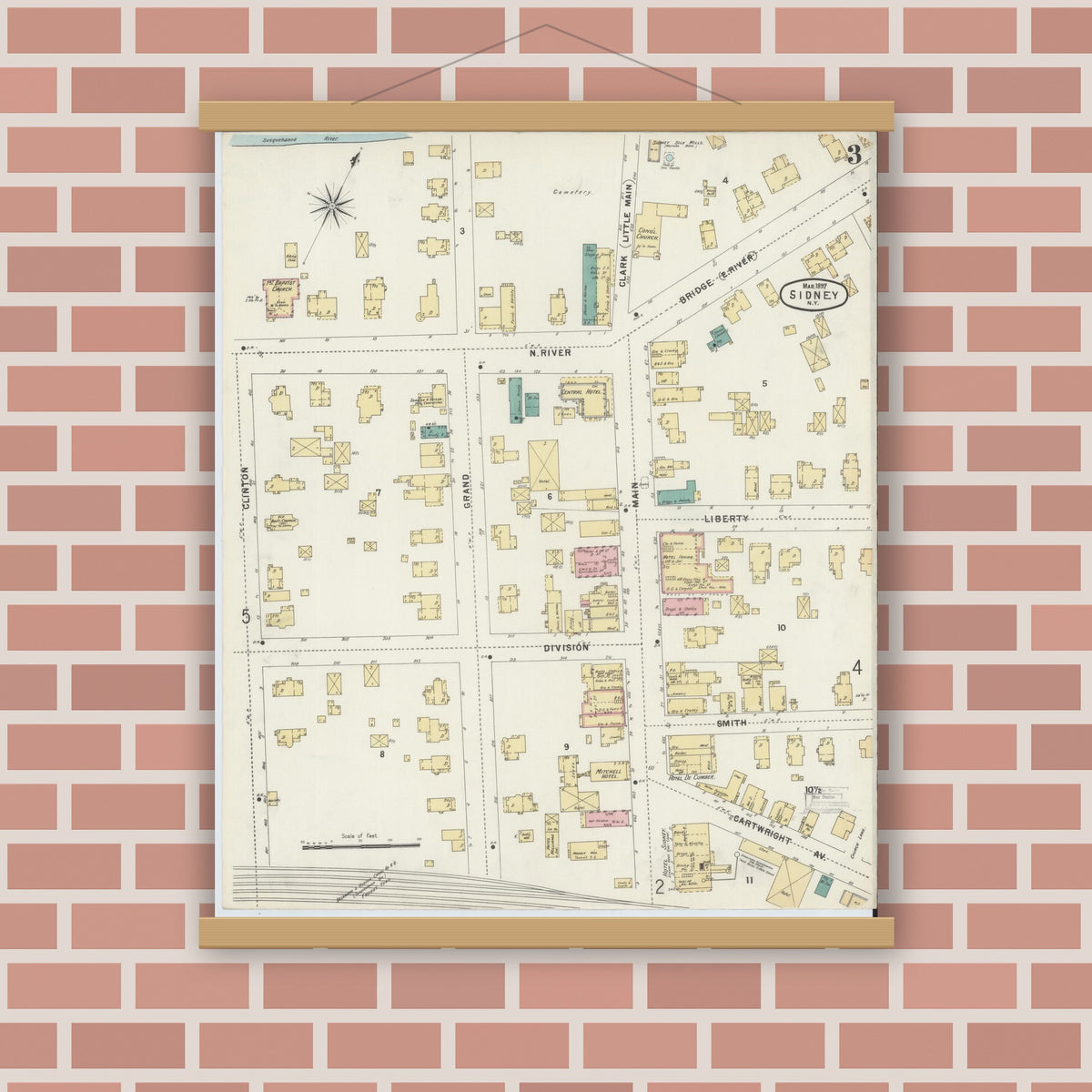 Old map wall art mockup — magnetic wood frame on brick wall — Sanborn Fire Insurance Map from Sidney, Delaware County, New York (1897), Sheet #0003