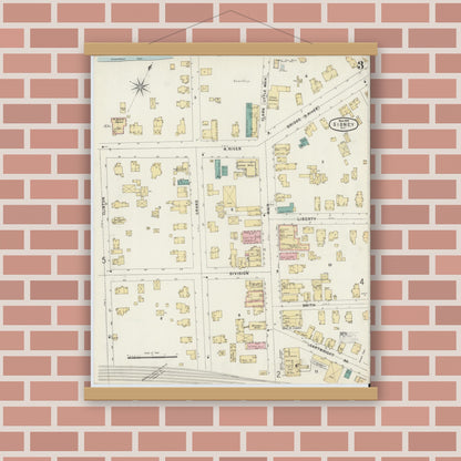 Old map wall art mockup — magnetic wood frame on brick wall — Sanborn Fire Insurance Map from Sidney, Delaware County, New York (1897), Sheet #0003