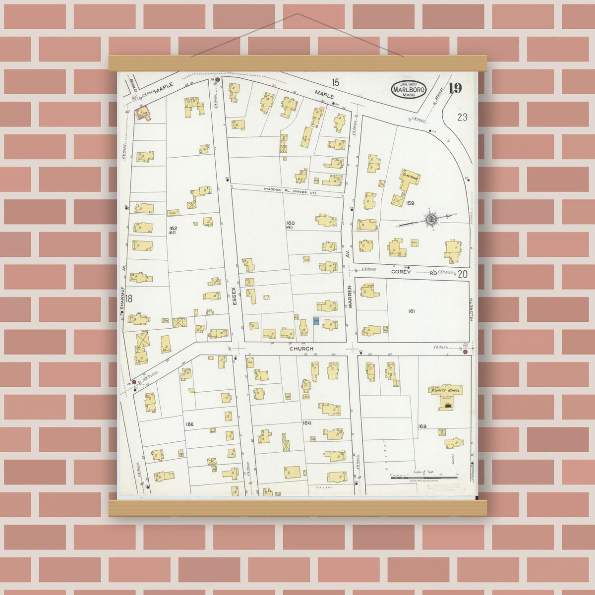 Old map wall art mockup — magnetic wood frame on brick wall — Sanborn Fire Insurance Map from Marlborough, Middlesex County, Massachusetts (1920), Sheet #0019