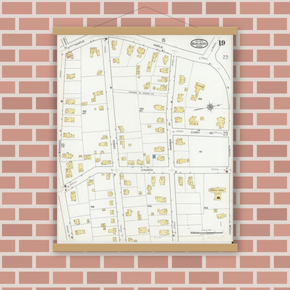 Old map wall art mockup — magnetic wood frame on brick wall — Sanborn Fire Insurance Map from Marlborough, Middlesex County, Massachusetts (1920), Sheet #0019