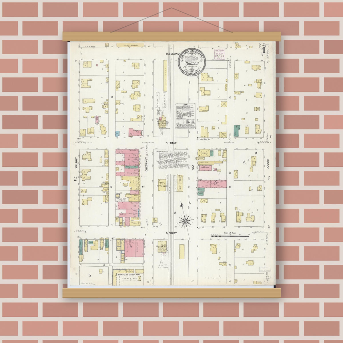 Old map wall art mockup — magnetic wood frame on brick wall — Sanborn Fire Insurance Map from Onarga, Iroquois County, Illinois (1907) - Complete Map Set