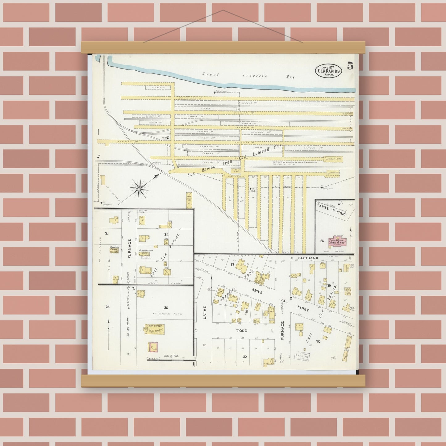 Old map wall art mockup — magnetic wood frame on brick wall — Sanborn Fire Insurance Map from Elk Rapids, Antrim County, Michigan (1907), Sheet #0005