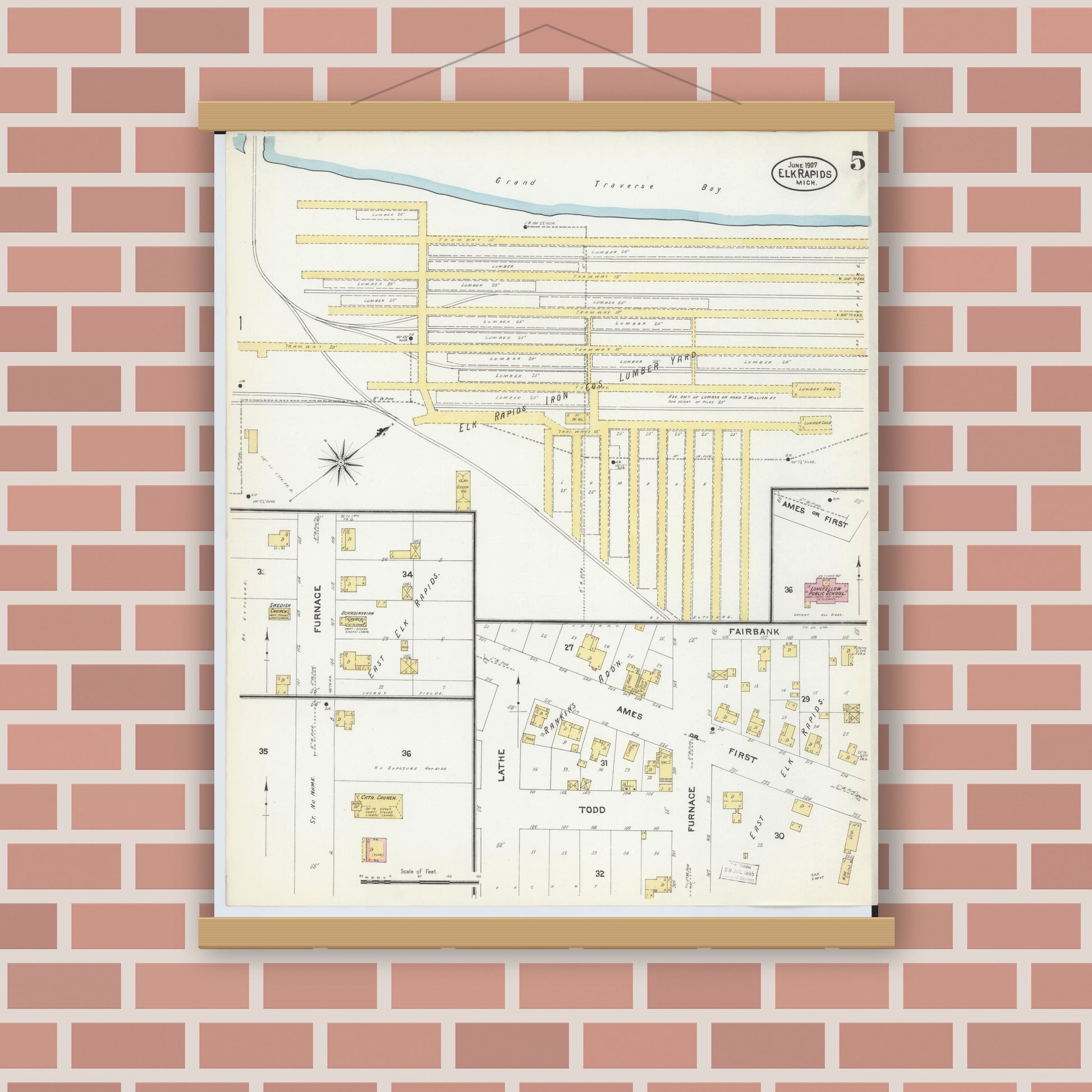 Old map wall art mockup — magnetic wood frame on brick wall — Sanborn Fire Insurance Map from Elk Rapids, Antrim County, Michigan (1907), Sheet #0005