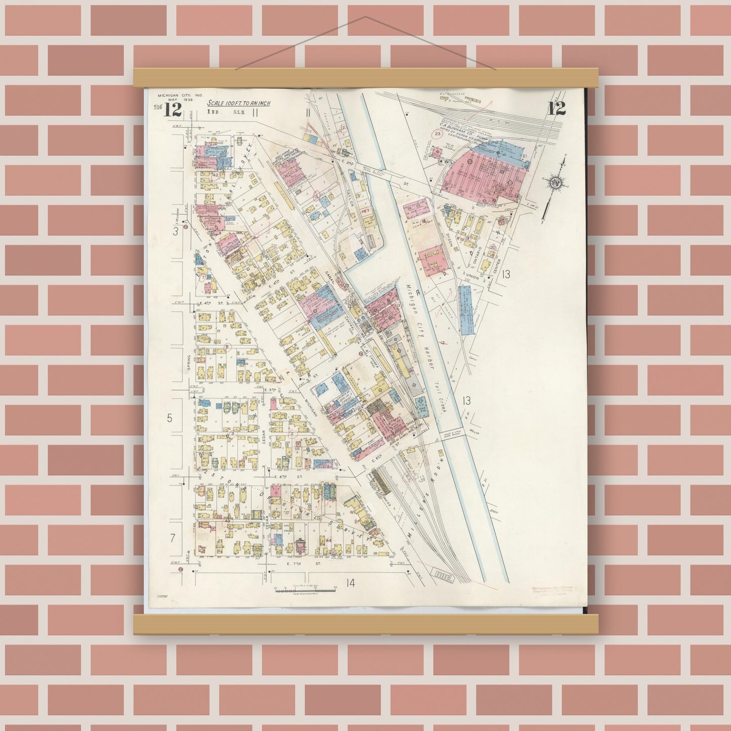 Old map wall art mockup — magnetic wood frame on brick wall — Sanborn Fire Insurance Map from Michigan City, La Porte County, Indiana (1948), Sheet #0012