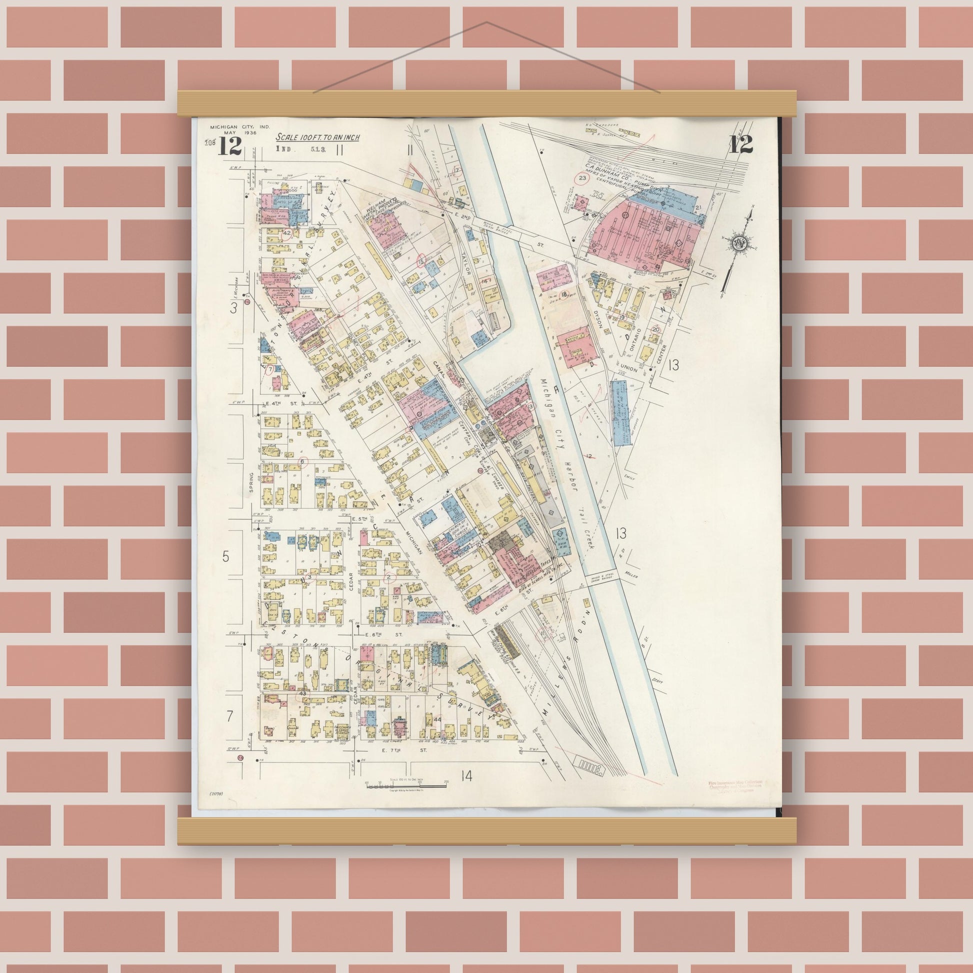 Old map wall art mockup — magnetic wood frame on brick wall — Sanborn Fire Insurance Map from Michigan City, La Porte County, Indiana (1948), Sheet #0012