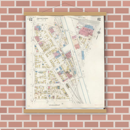 Old map wall art mockup — magnetic wood frame on brick wall — Sanborn Fire Insurance Map from Michigan City, La Porte County, Indiana (1948), Sheet #0012