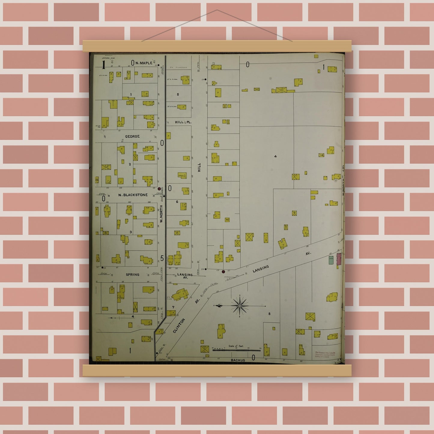 Old map wall art mockup — magnetic wood frame on brick wall — Sanborn Fire Insurance Map from Jackson, Jackson County, Michigan (1907) - Complete Map Set