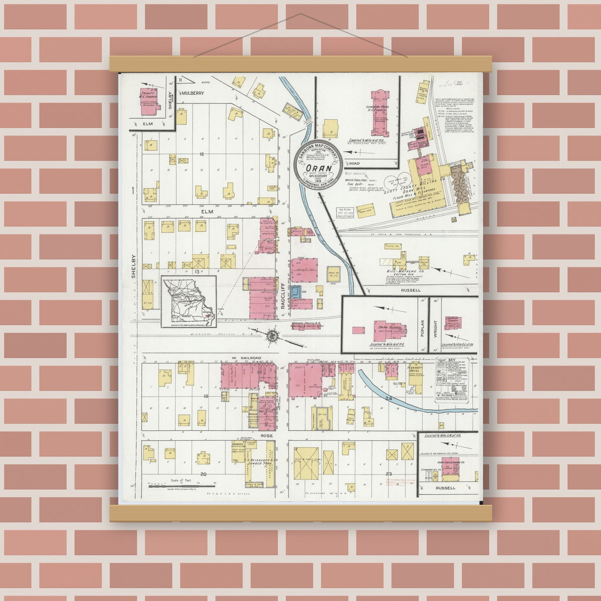 Old map wall art mockup — magnetic wood frame on brick wall — Sanborn Fire Insurance Map from Oran, Scott County, Missouri (1919), Sheet #0001