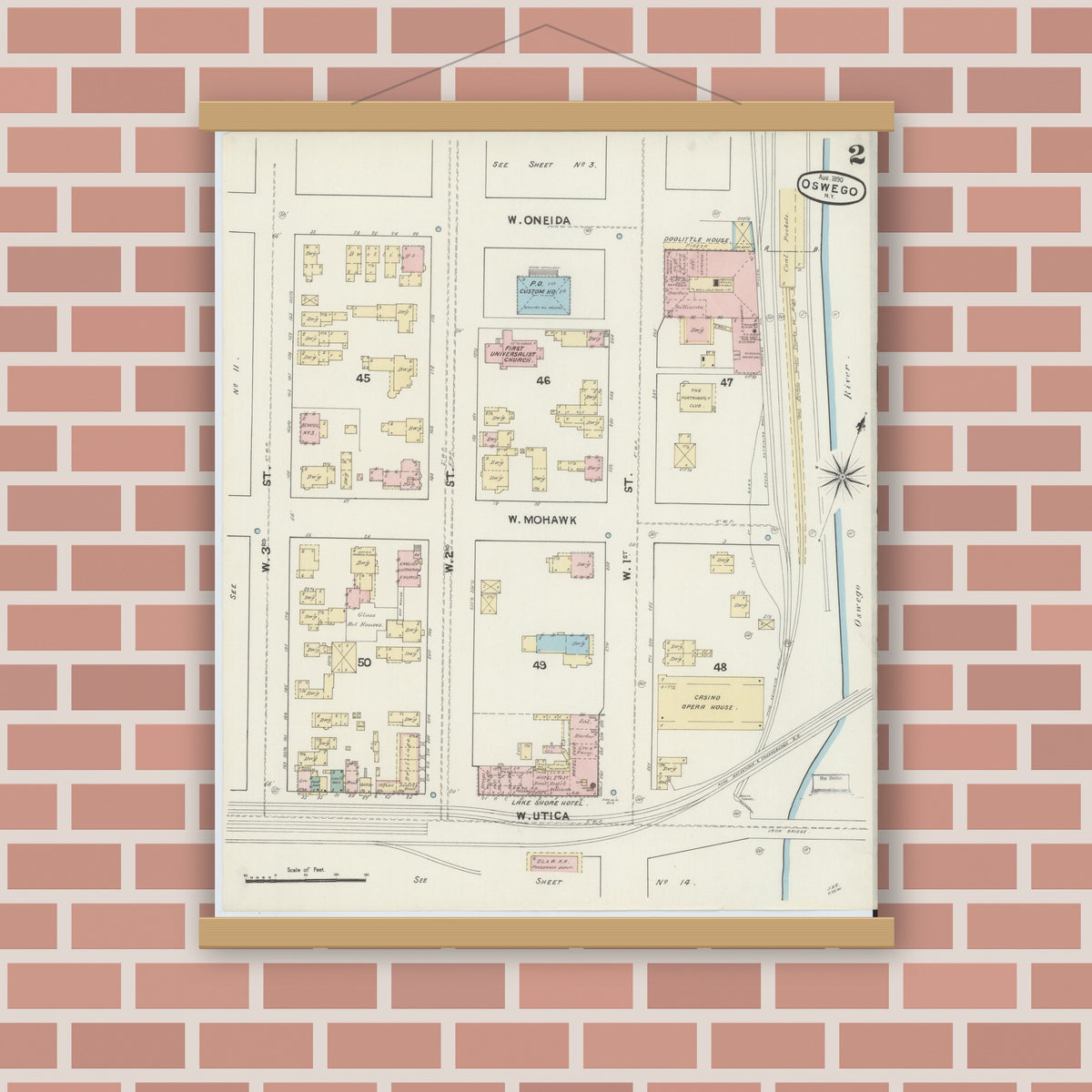 Old map wall art mockup — magnetic wood frame on brick wall — Sanborn Fire Insurance Map from Oswego, Oswego County, New York (1890), Sheet #0002