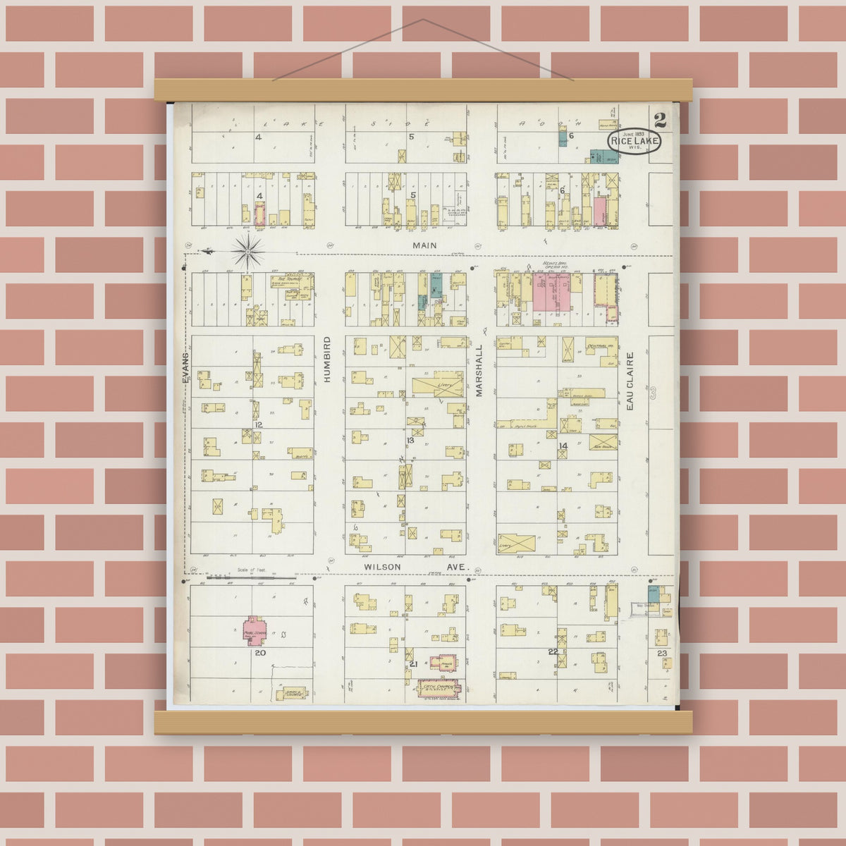 Old map wall art mockup — magnetic wood frame on brick wall — Sanborn Fire Insurance Map from Rice Lake, Barron County, Wisconsin (1893), Sheet #0002