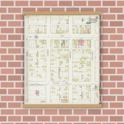 Old map wall art mockup — magnetic wood frame on brick wall — Sanborn Fire Insurance Map from Rice Lake, Barron County, Wisconsin (1893), Sheet #0002