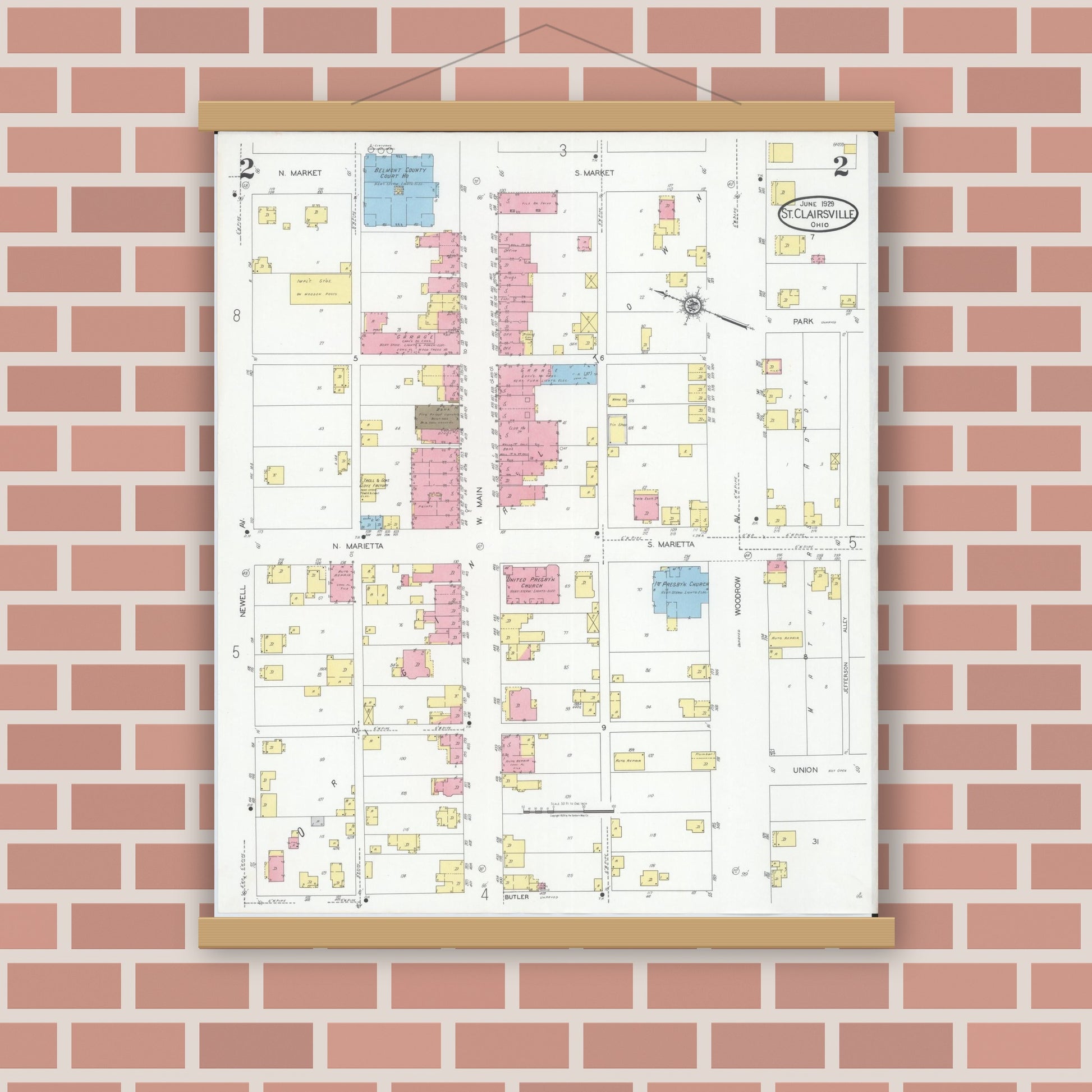 Old map wall art mockup — magnetic wood frame on brick wall — Sanborn Fire Insurance Map from Saint Clairsville, Belmont County, Ohio (1929), Sheet #0002