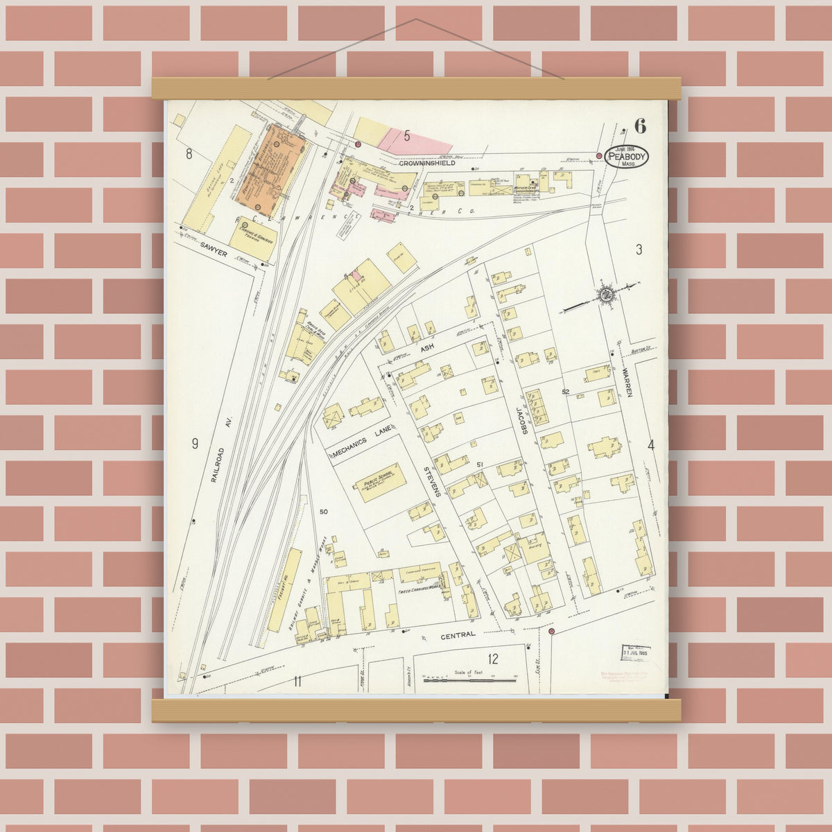 Old map wall art mockup — magnetic wood frame on brick wall — Sanborn Fire Insurance Map from Peabody, Essex County, Massachusetts (1914), Sheet #0006