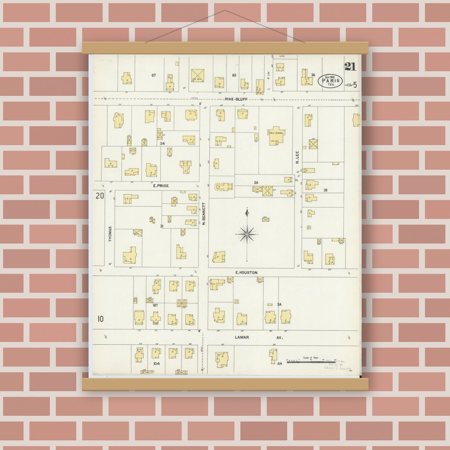 Old map wall art mockup — magnetic wood frame on brick wall — Sanborn Fire Insurance Map from Paris, Lamar County, Texas (1902), Sheet #0021