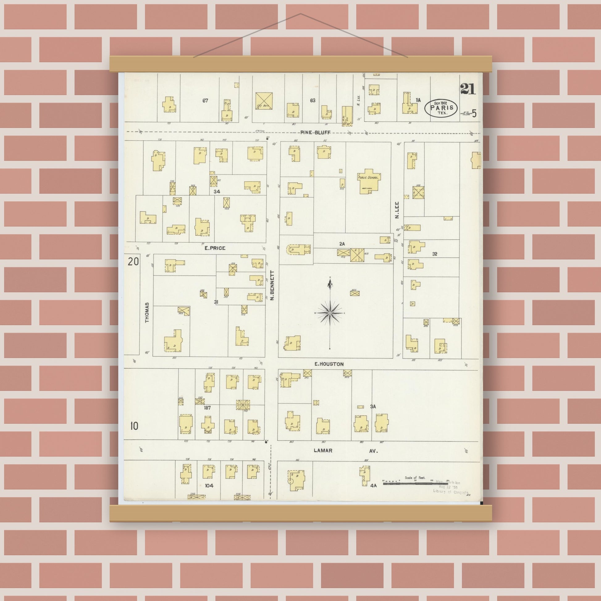 Old map wall art mockup — magnetic wood frame on brick wall — Sanborn Fire Insurance Map from Paris, Lamar County, Texas (1902), Sheet #0021
