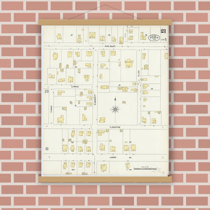 Old map wall art mockup — magnetic wood frame on brick wall — Sanborn Fire Insurance Map from Paris, Lamar County, Texas (1902), Sheet #0021
