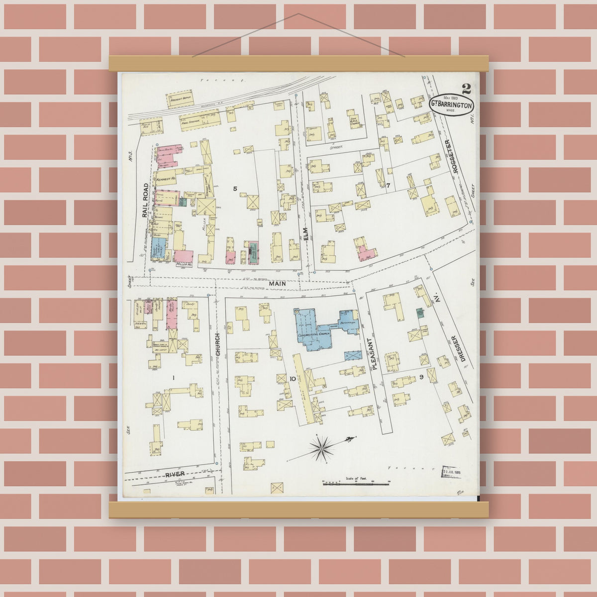 Old map wall art mockup — magnetic wood frame on brick wall — Sanborn Fire Insurance Map from Great Barrington, Berkshire County, Massachusetts (1889), Sheet #0002