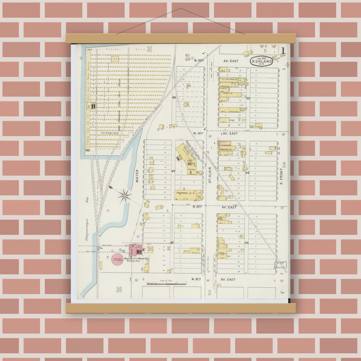 Old map wall art mockup — magnetic wood frame on brick wall — Sanborn Fire Insurance Map from Ashland, Ashland County, Wisconsin (1895), Sheet #0001