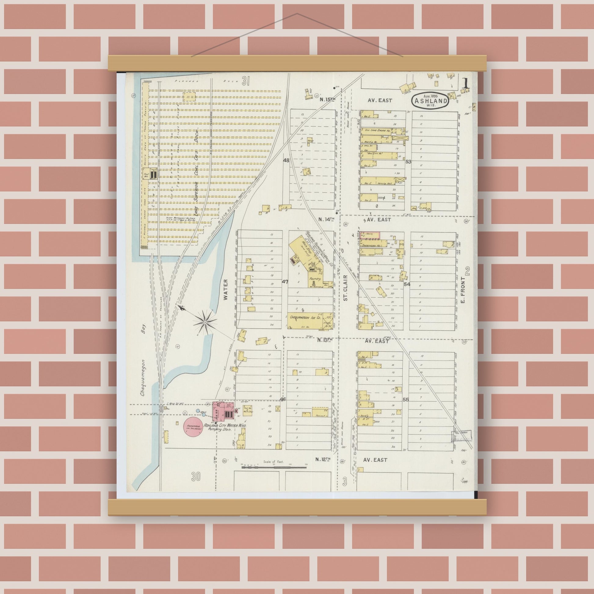 Old map wall art mockup — magnetic wood frame on brick wall — Sanborn Fire Insurance Map from Ashland, Ashland County, Wisconsin (1895), Sheet #0001