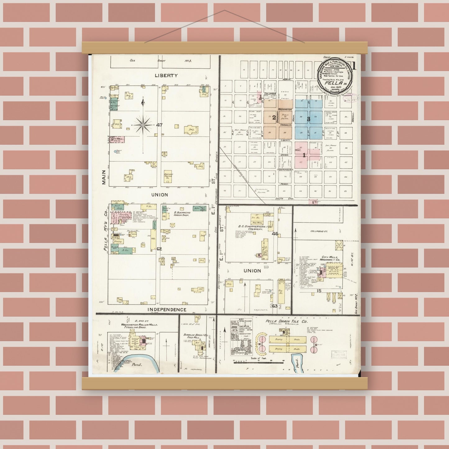 Old map wall art mockup — magnetic wood frame on brick wall — Sanborn Fire Insurance Map from Pella, Marion County, Iowa (1888), Sheet #0001