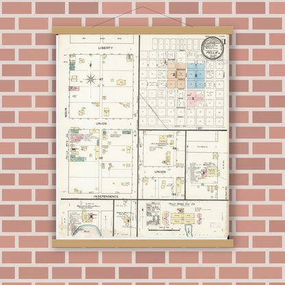 Old map wall art mockup — magnetic wood frame on brick wall — Sanborn Fire Insurance Map from Pella, Marion County, Iowa (1888), Sheet #0001