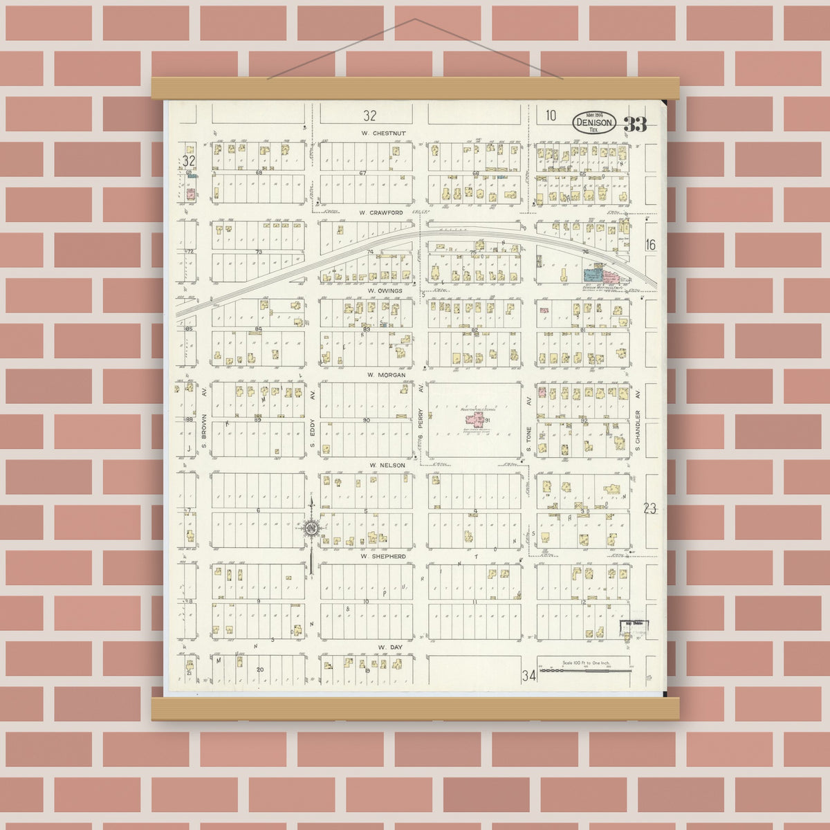 Old map wall art mockup — magnetic wood frame on brick wall — Sanborn Fire Insurance Map from Denison, Grayson County, Texas (1914), Sheet #0033