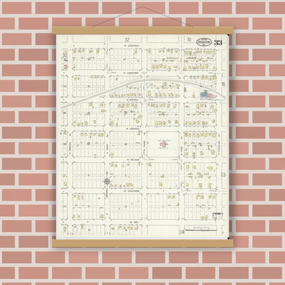 Old map wall art mockup — magnetic wood frame on brick wall — Sanborn Fire Insurance Map from Denison, Grayson County, Texas (1914), Sheet #0033