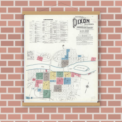 Old map wall art mockup — magnetic wood frame on brick wall — Sanborn Fire Insurance Map from Dixon, Lee County, Illinois (1910) - Complete Map Set